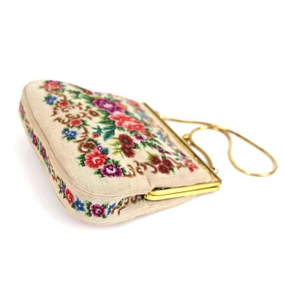 VTG Handmade MULTICOLOR FLORAL PETIT NEEDLEPOINT FRAME KISS LOCK SMALL PURSE - Picture 9 of 14